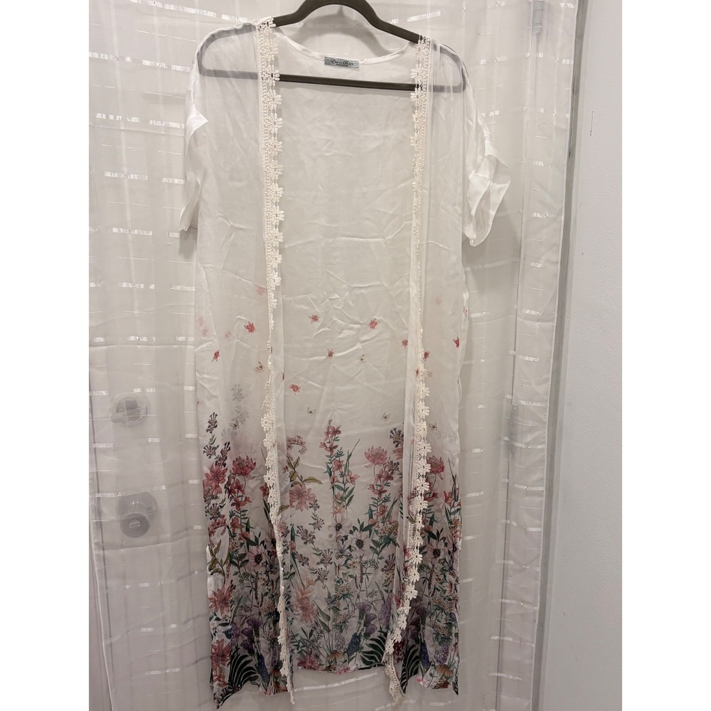 Cora Blue Italy Silk Blend Floral Duster Cardigan Sheer Lace Trim One Size